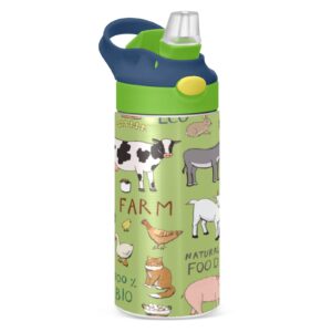kigai farm animals kids water bottle, bpa-free vacuum insulated stainless steel water bottle with straw lid double walled leakproof flask for girls boys toddlers, 12oz