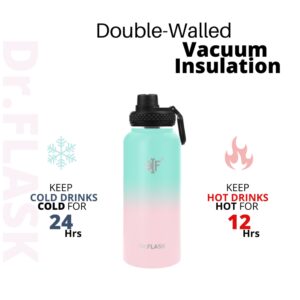 Dr.FLASK Sports Water Bottle - 32 Oz, 3 Lids (Straw Lid), Leak Proof, Vacuum Insulated Stainless Steel, Double Walled, Thermo Mug, Metal Canteen