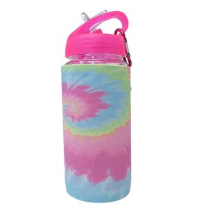 kid's pink lid water bottle with removable retro tie dye neoprene sleeve, fun drink bottles for school lunches or to-go, 8 inches