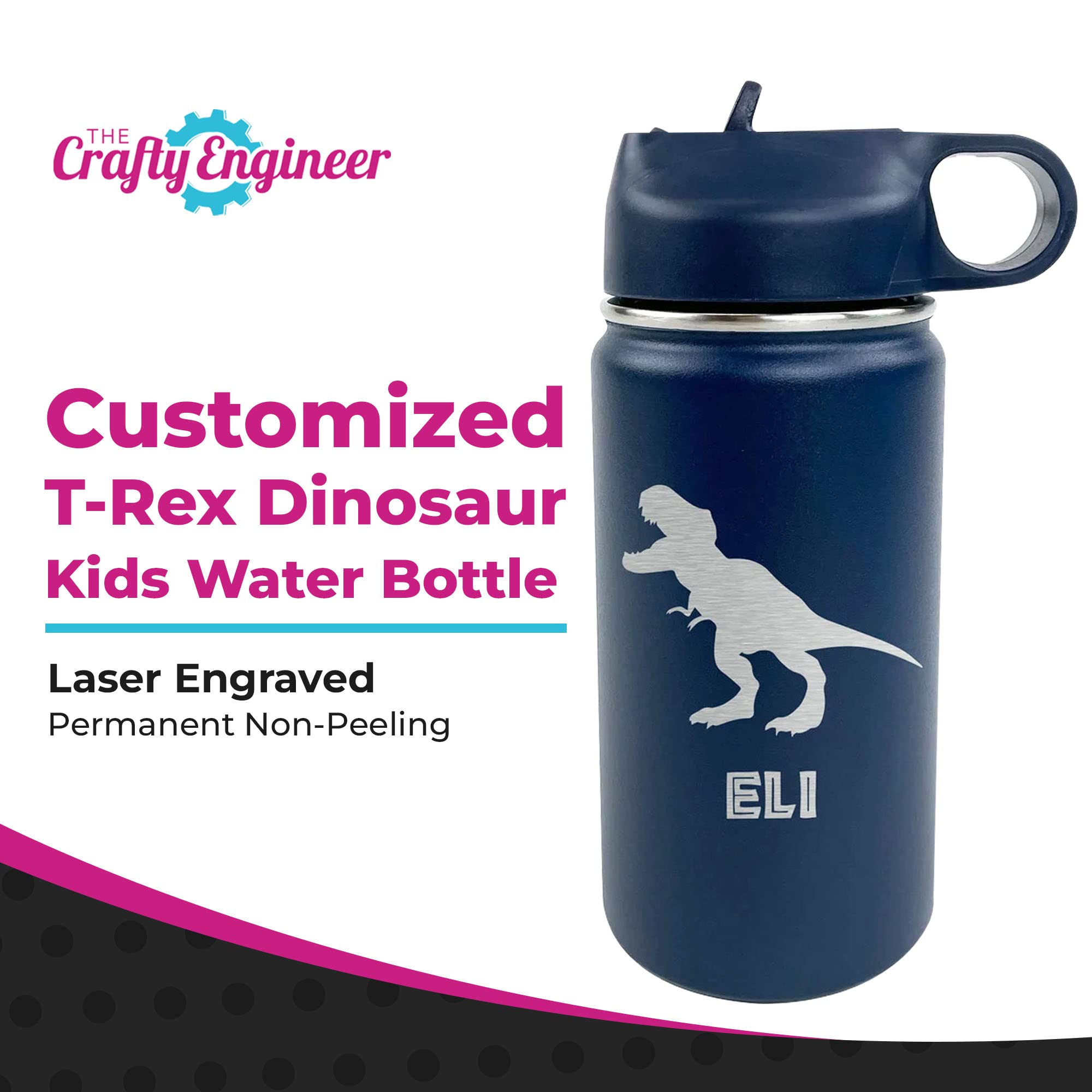 The Crafty Engineer Customized T-Rex Dinosaur Kid's Water Bottle, Back to School (Black)