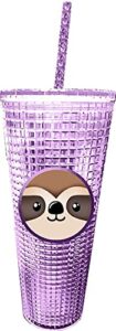 spoontiques - diamond tumbler - textured cup with straw - double wall insulated and bpa free - 20 oz - sloth