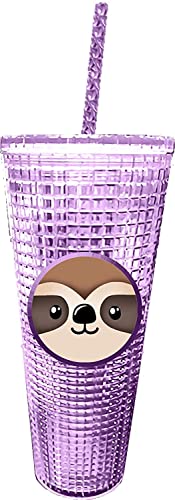 Spoontiques - Diamond Tumbler - Textured Cup with Straw - Double Wall Insulated and BPA Free - 20 oz - Sloth