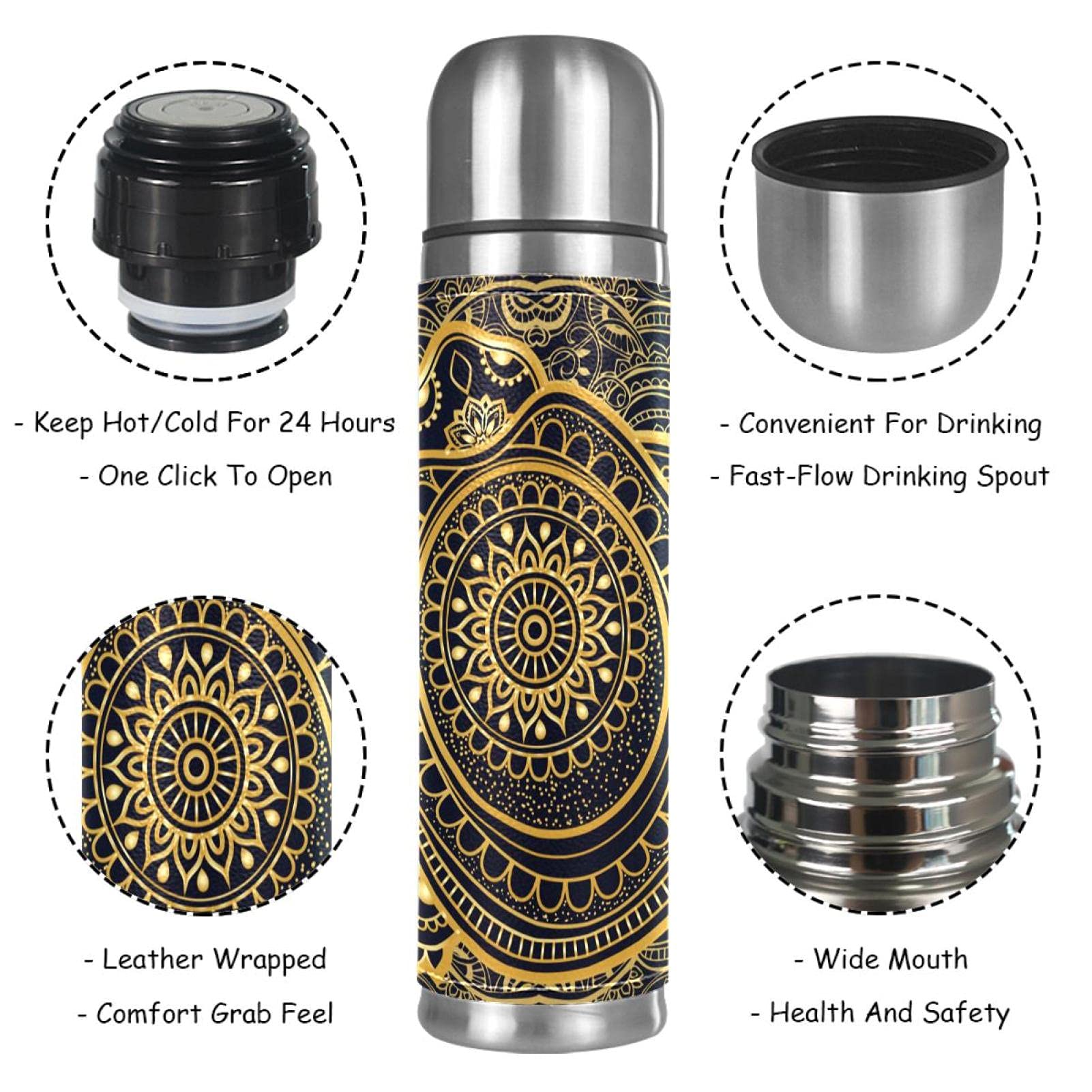 Stainless Steel Vacuum Insulated Mug, Mandala Sea Turtle Print Thermos Water Bottle for Hot and Cold Drinks Kids Adults 17 Oz