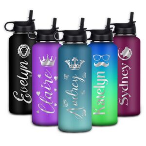 custom sports water bottle with staw lid for kids personalized stainless steel water bottle with name insulated double wall vacuum cup mother's day graduation gifts for best friend women men