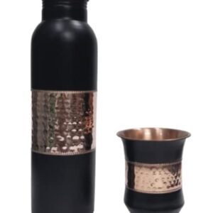 Ornate International COPPER WATER BOTTLE 1000 ML MIDLE SEQUENSE HAMMERED NEW LOOK DESIGN FOR DRINKING WATER (BLACK) set of 2 (BLACK)