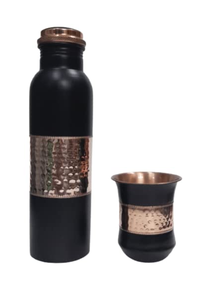 Ornate International COPPER WATER BOTTLE 1000 ML MIDLE SEQUENSE HAMMERED NEW LOOK DESIGN FOR DRINKING WATER (BLACK) set of 2 (BLACK)