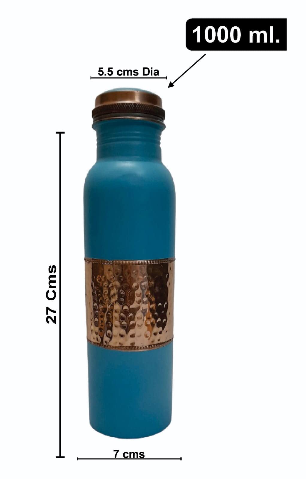 Ornate International COPPER WATER BOTTLE 1000 ML MIDLE SEQUENSE HAMMERED NEW LOOK DESIGN FOR DRINKING WATER (BLACK) set of 2 (BLACK)