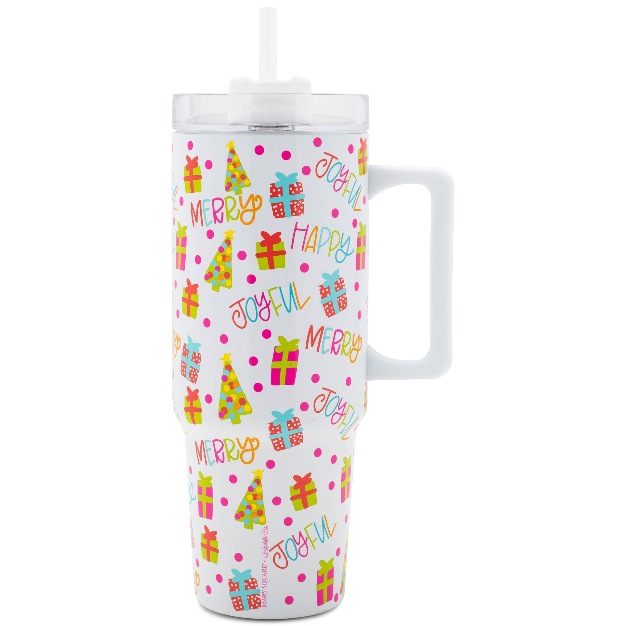 Mary Square Joyful Merry Happy Colorful 32 ounce Stainless Steel Christmas Travel Tumbler with Straw and Handle