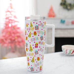 Mary Square Joyful Merry Happy Colorful 32 ounce Stainless Steel Christmas Travel Tumbler with Straw and Handle