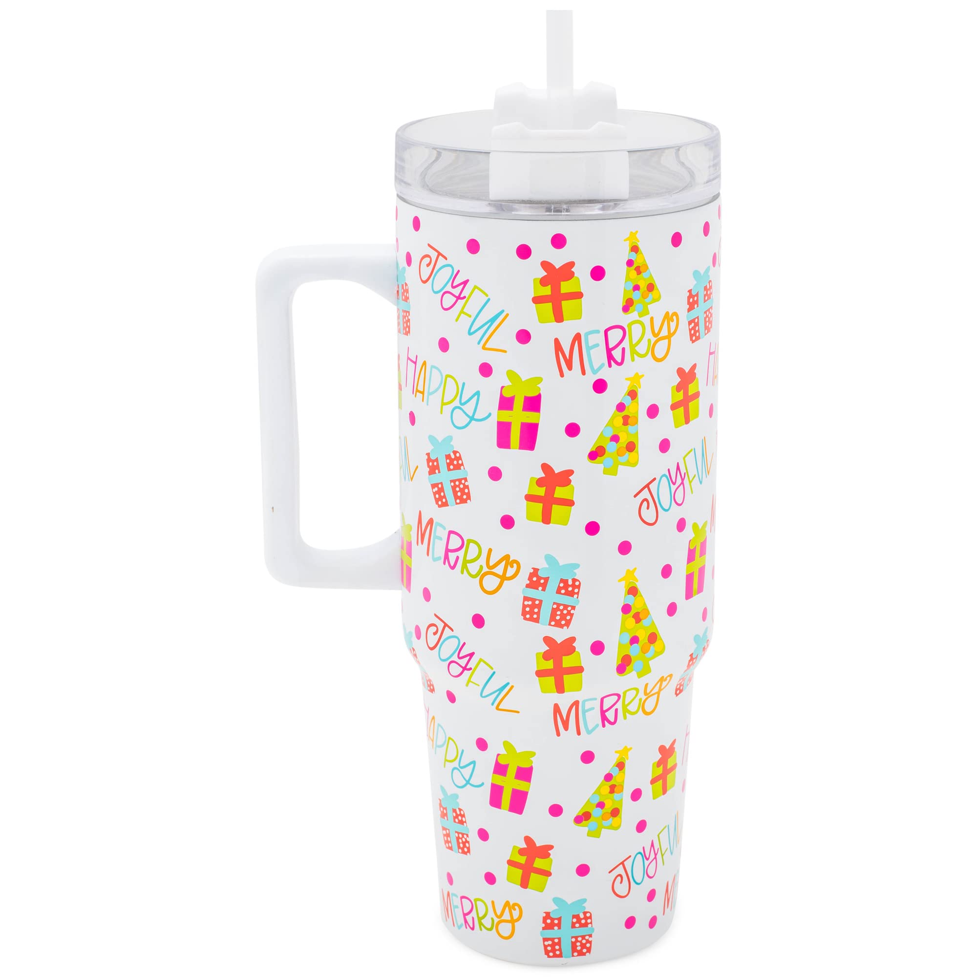 Mary Square Joyful Merry Happy Colorful 32 ounce Stainless Steel Christmas Travel Tumbler with Straw and Handle