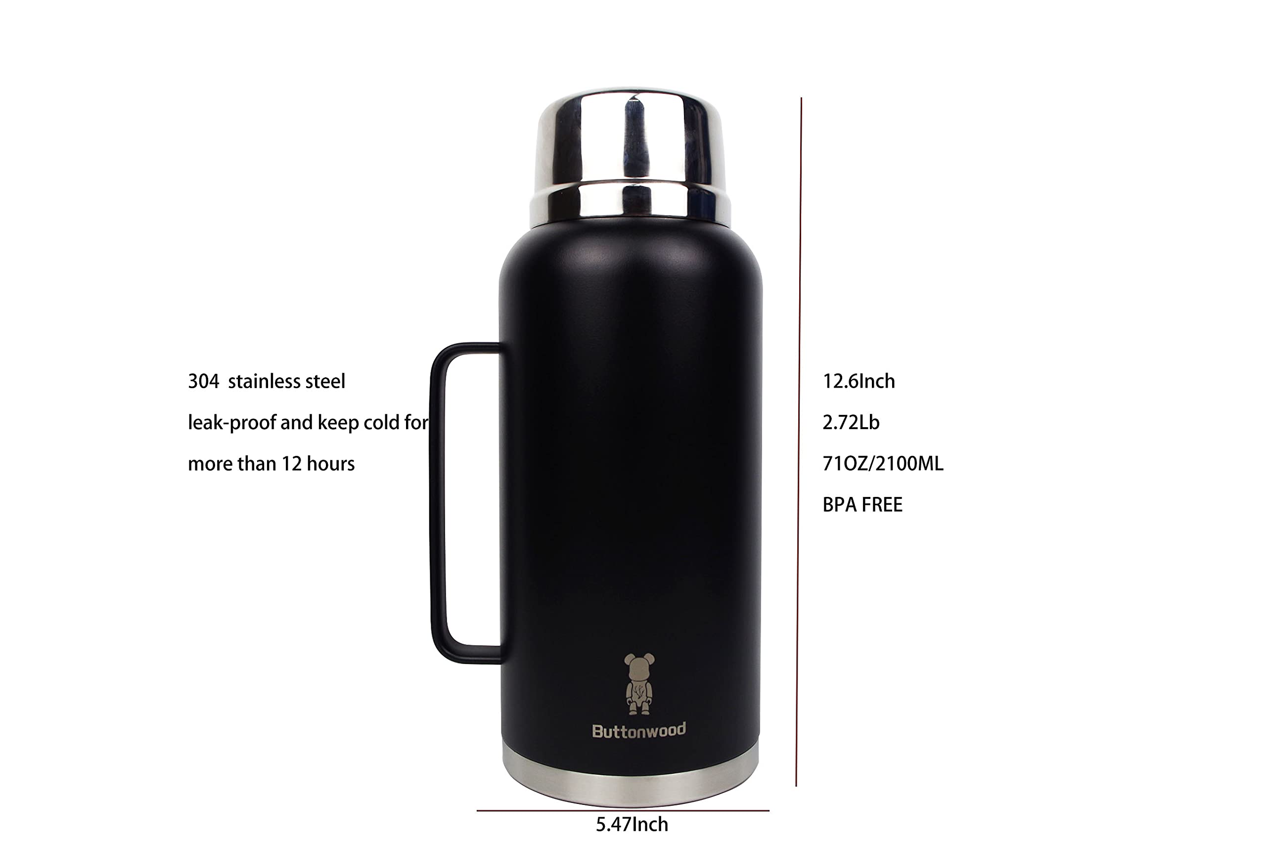 Large sport thermos water bottle with handle and Stainless Steel Lid,keep cold,Reusable, leak-proof ，71OZ Insulated water bottle， Metal Canteen，Buttonwood (black) ，2100ML