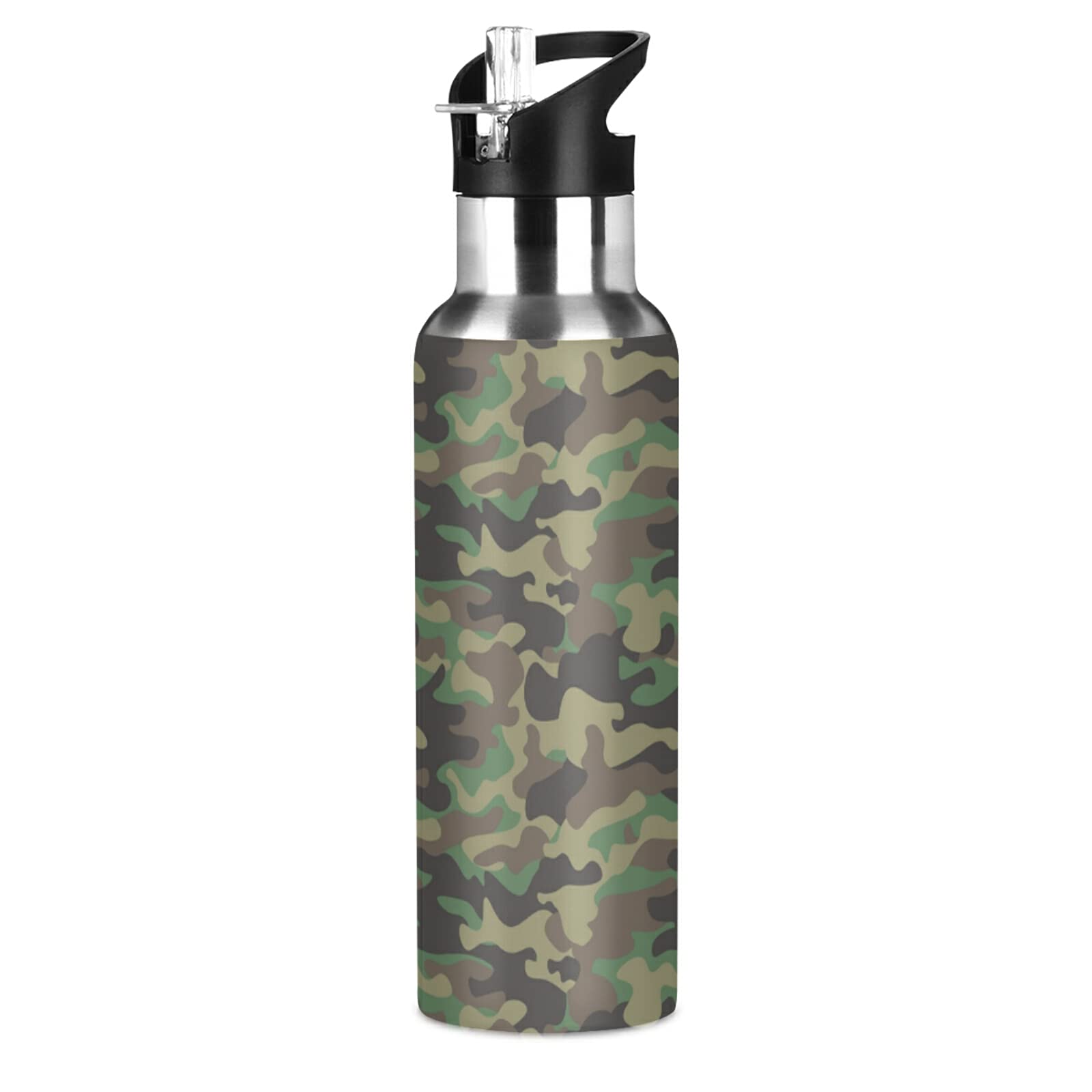 AUUXVA Military Camo Water Bottle with Straw Lid, Cool Army Camouflage Vacuum Insulated Stainless Steel Bottle Keep Hot and Cold Thermo Water Flask Bottle for Sports Gym School,20 oz