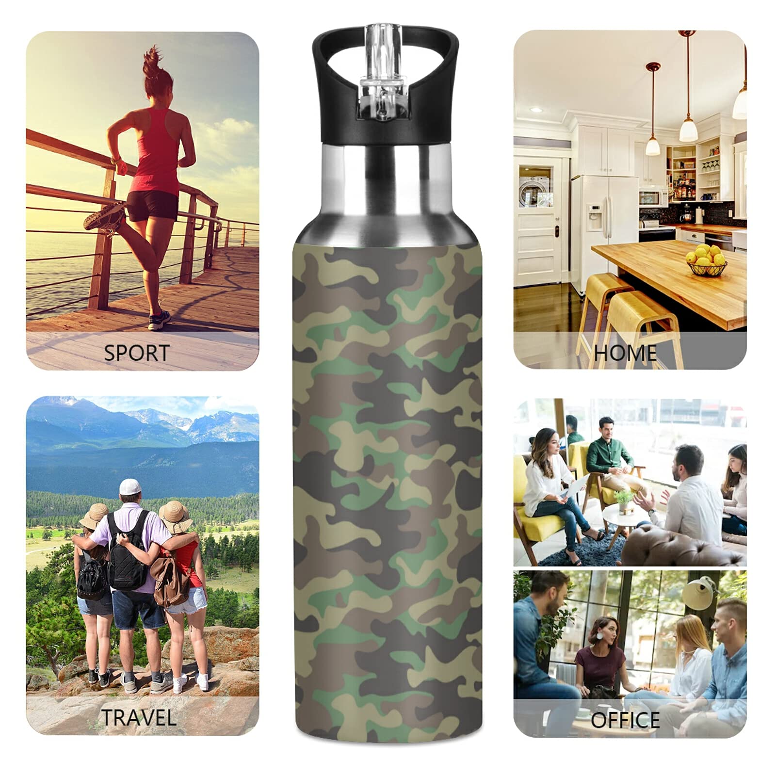 AUUXVA Military Camo Water Bottle with Straw Lid, Cool Army Camouflage Vacuum Insulated Stainless Steel Bottle Keep Hot and Cold Thermo Water Flask Bottle for Sports Gym School,20 oz