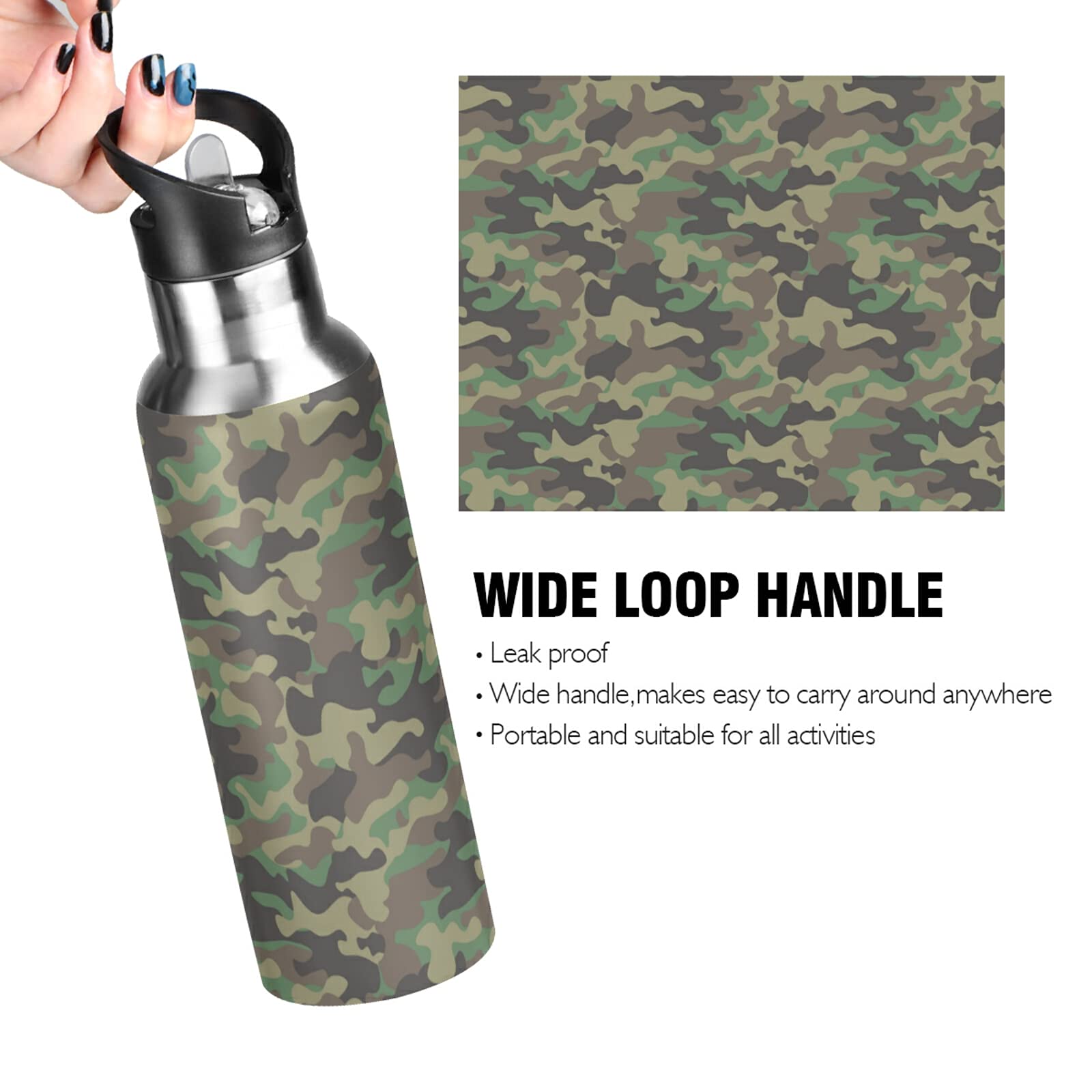 AUUXVA Military Camo Water Bottle with Straw Lid, Cool Army Camouflage Vacuum Insulated Stainless Steel Bottle Keep Hot and Cold Thermo Water Flask Bottle for Sports Gym School,20 oz