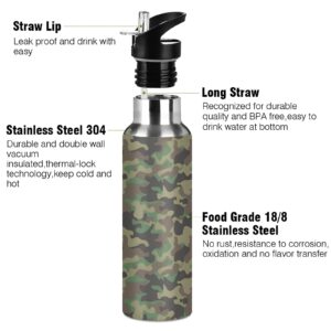 AUUXVA Military Camo Water Bottle with Straw Lid, Cool Army Camouflage Vacuum Insulated Stainless Steel Bottle Keep Hot and Cold Thermo Water Flask Bottle for Sports Gym School,20 oz