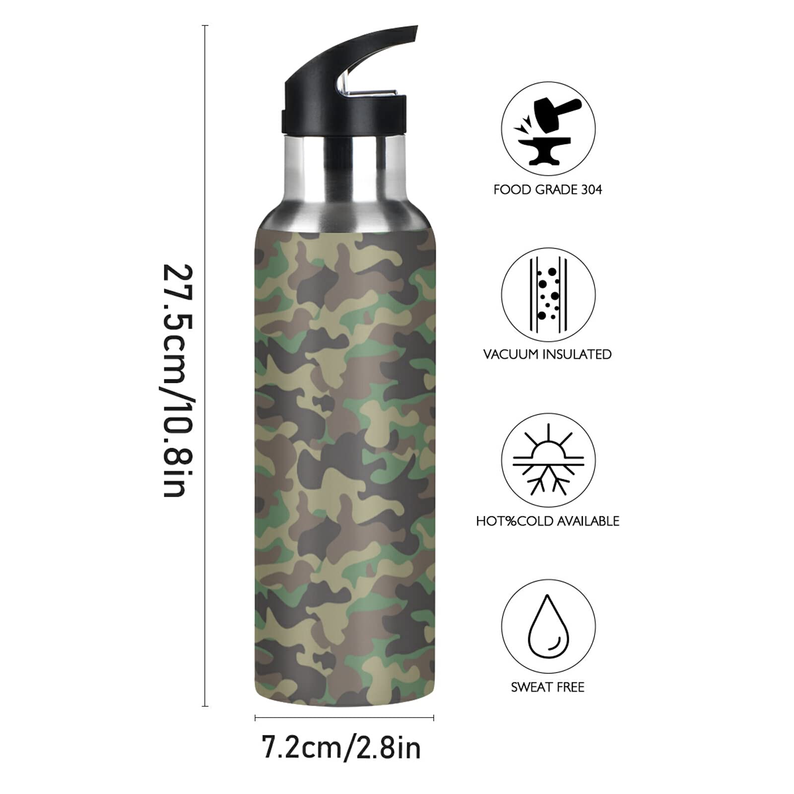 AUUXVA Military Camo Water Bottle with Straw Lid, Cool Army Camouflage Vacuum Insulated Stainless Steel Bottle Keep Hot and Cold Thermo Water Flask Bottle for Sports Gym School,20 oz