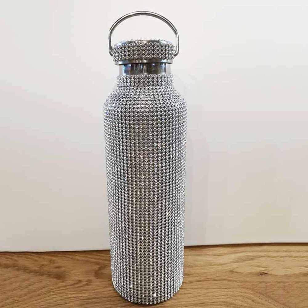 JDKD Diamond Thermos Water Bottle Rhinestone Thermos Cup,Diamond Vacuum Flask Sparkling High-end Insulated Bottle Stainless Steel with Lid Silver (500ML)