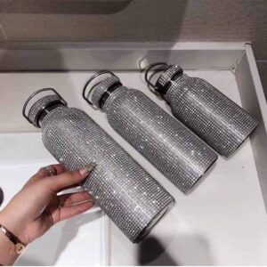 JDKD Diamond Thermos Water Bottle Rhinestone Thermos Cup,Diamond Vacuum Flask Sparkling High-end Insulated Bottle Stainless Steel with Lid Silver (500ML)
