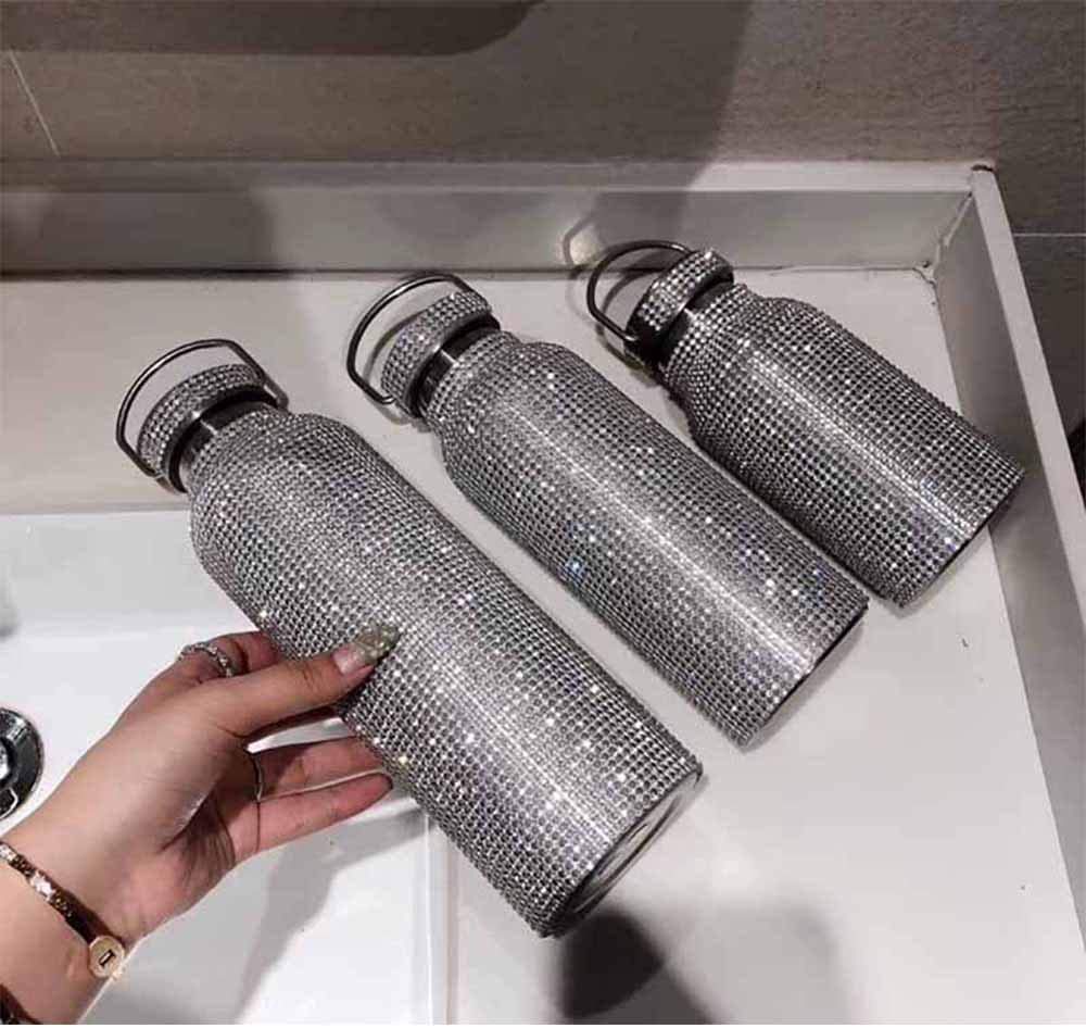JDKD Diamond Thermos Water Bottle Rhinestone Thermos Cup,Diamond Vacuum Flask Sparkling High-end Insulated Bottle Stainless Steel with Lid Silver (500ML)
