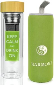 harmony n more best infusion water bottle - premium fruit and loose leaf tea stainless steel infuser and travel tumbler - double walled glass - no leak bamboo lid - insulating sleeve