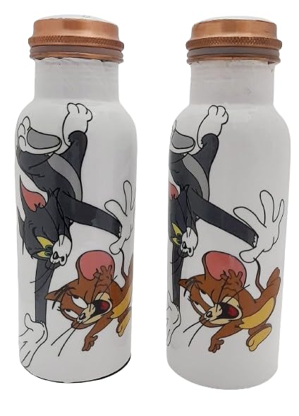 Copper Bottle Tom Printed Jerry Water Bottle For Drinking Water Multicolor Copper Water Bottle Leak Proof Copper Water Vessel Premium Bottle (Set Of 2) By ORNATE INTERNATIONAL