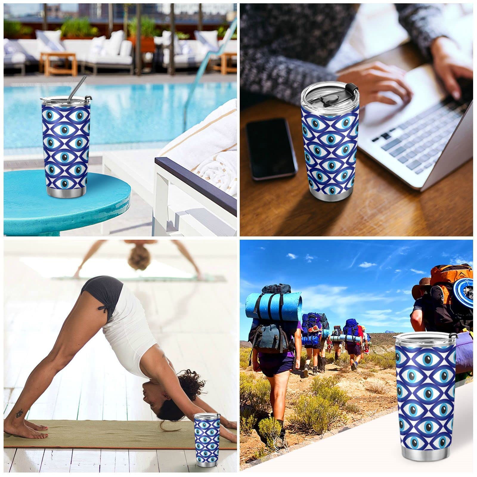 Wusikd Evil Eye Blue Straw Cup 20 oz Vacuum Insulated Cup Colorful Sports Water Bottles Stainless Steel Travel Mug Car Water Cup with Straw Lid