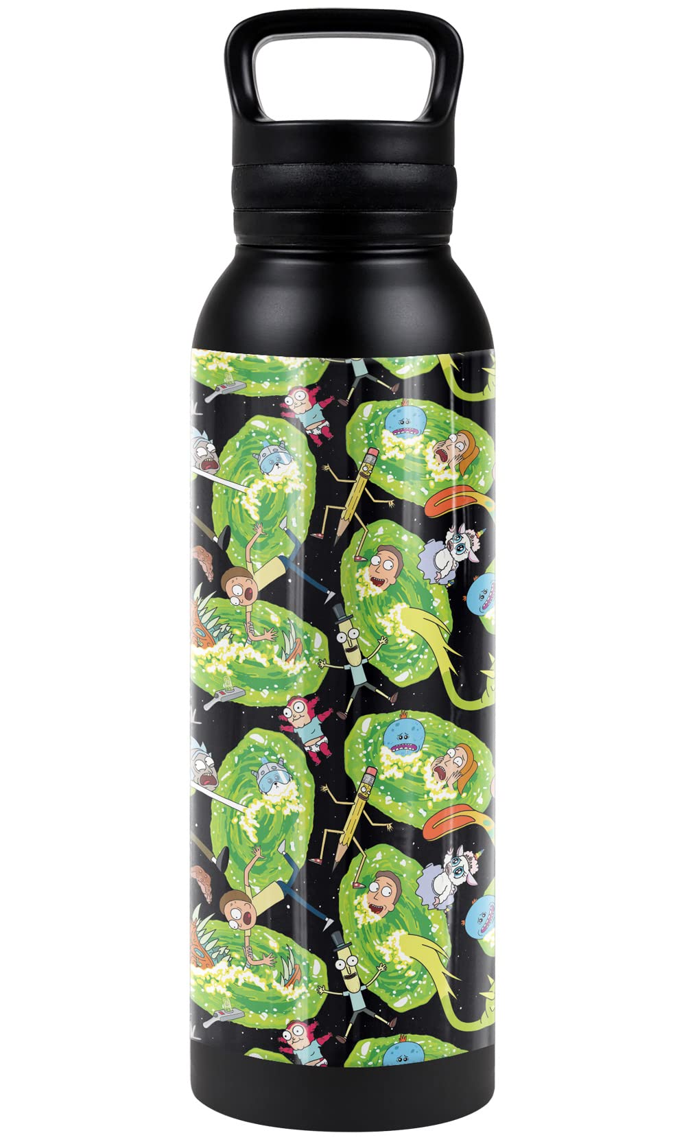 Rick And Morty OFFICIAL Portal Mayhem 24 oz Insulated Canteen Water Bottle, Leak Resistant, Vacuum Insulated Stainless Steel with Loop Cap, Black