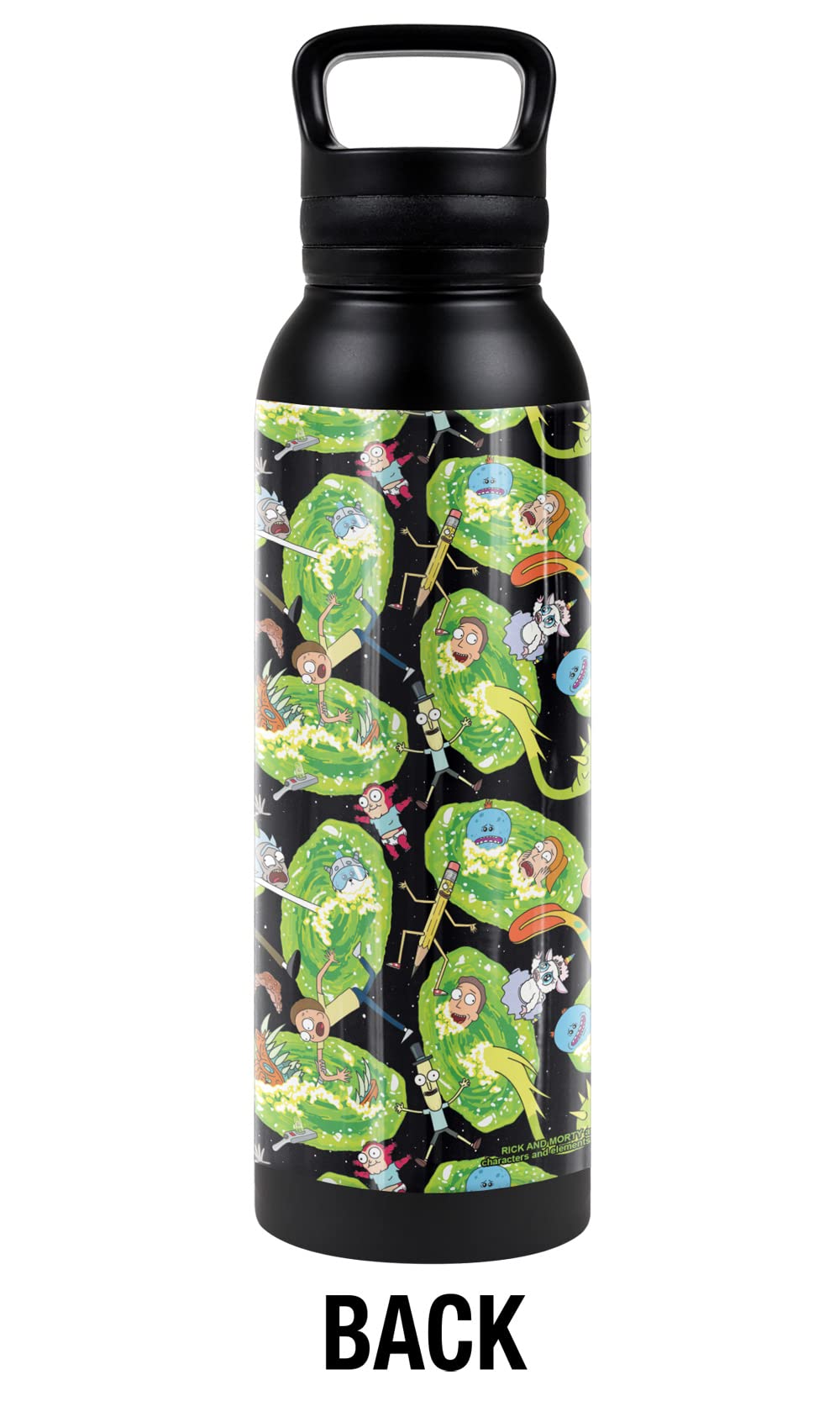Rick And Morty OFFICIAL Portal Mayhem 24 oz Insulated Canteen Water Bottle, Leak Resistant, Vacuum Insulated Stainless Steel with Loop Cap, Black