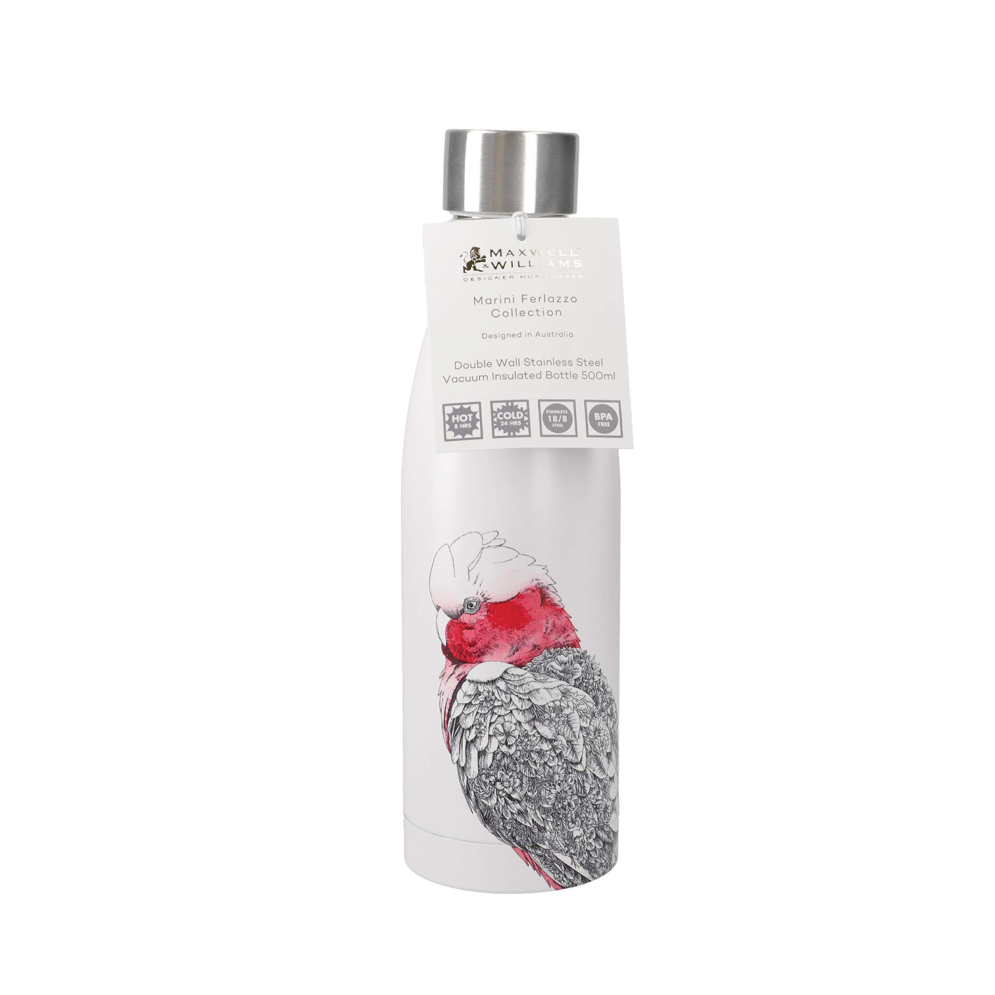 Maxwell & Williams Marini Ferlazzo Insulated Water Bottle with Galah Design, Double Wall Stainless Steel, White, 500 ml