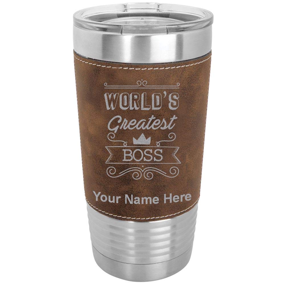 LaserGram 20oz Vacuum Insulated Tumbler Mug, World's Greatest Boss, Personalized Engraving Included (Faux Leather, Rustic)