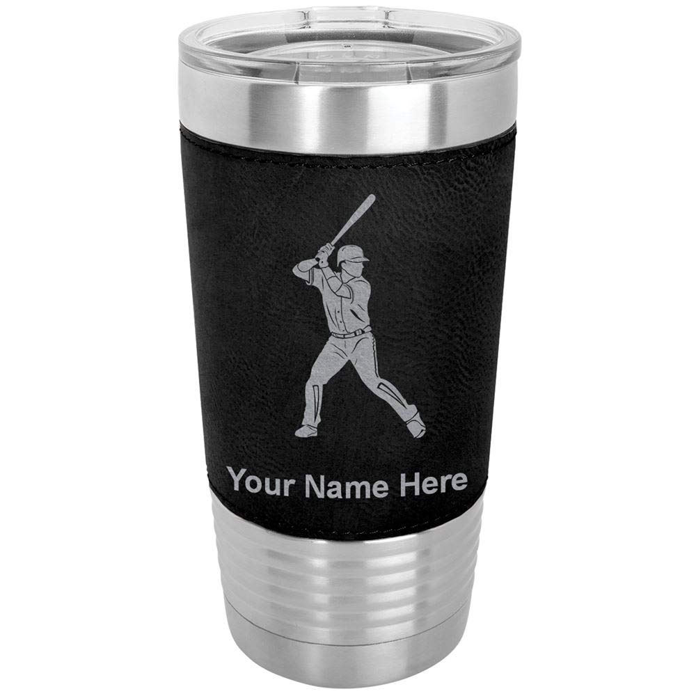 LaserGram 20oz Vacuum Insulated Tumbler Mug, Baseball Player 2, Personalized Engraving Included (Faux Leather, Black)