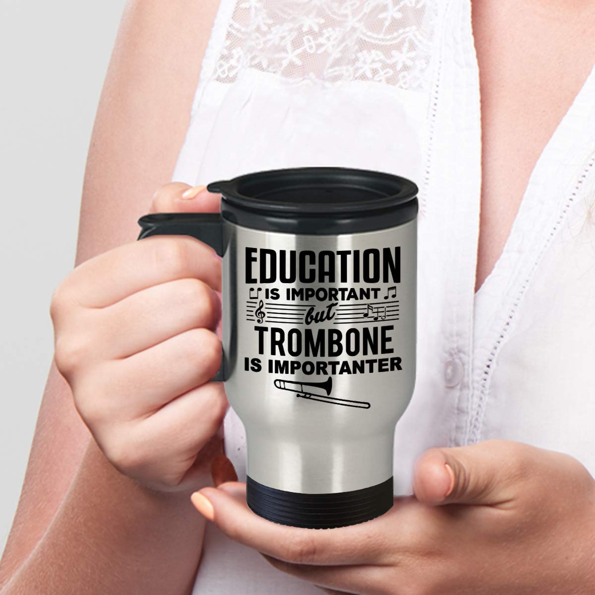 Funny Gift for Trombone Player Or Lover - Education Is Important Music Teacher, Student, Musician, Instrument, Singer, Marching Band, Trombone Player Or Lover Travel Coffee Mug Tumbler Novelty Gifts