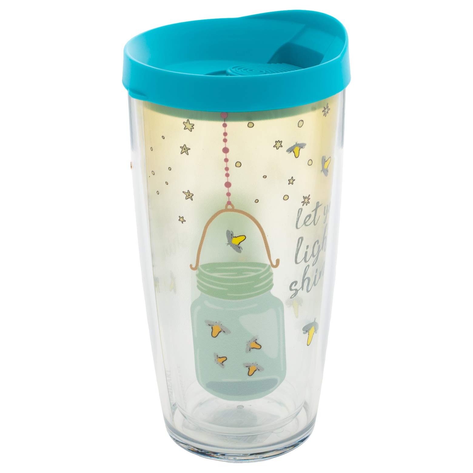 Signature Tumblers Let Your Light Shine Firefly Wrap on Clear 16 Ounce Double-Walled Travel Tumbler Mug with Turquoise Easy Sip Lid