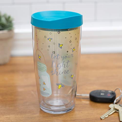 Signature Tumblers Let Your Light Shine Firefly Wrap on Clear 16 Ounce Double-Walled Travel Tumbler Mug with Turquoise Easy Sip Lid