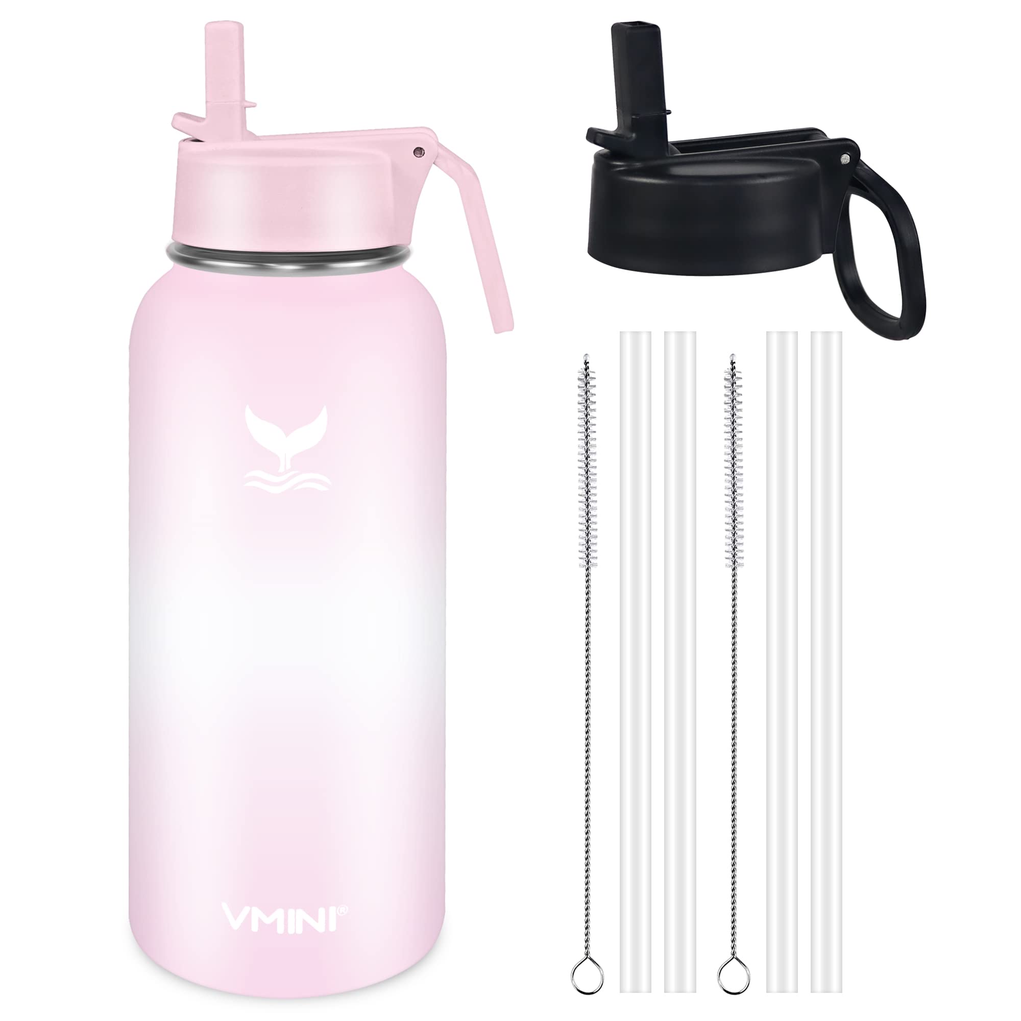 Vmini Water Bottle with New Wide Handle Straw Lid, Wide Mouth Vacuum Insulated 18/8 Stainless Steel, 4 Straws and 2 Brushes, 32 oz, Gradient Pink + White + Pink