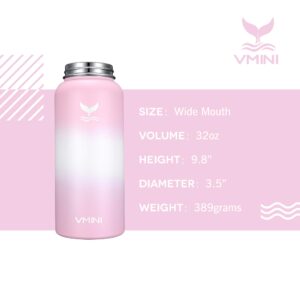 Vmini Water Bottle with New Wide Handle Straw Lid, Wide Mouth Vacuum Insulated 18/8 Stainless Steel, 4 Straws and 2 Brushes, 32 oz, Gradient Pink + White + Pink