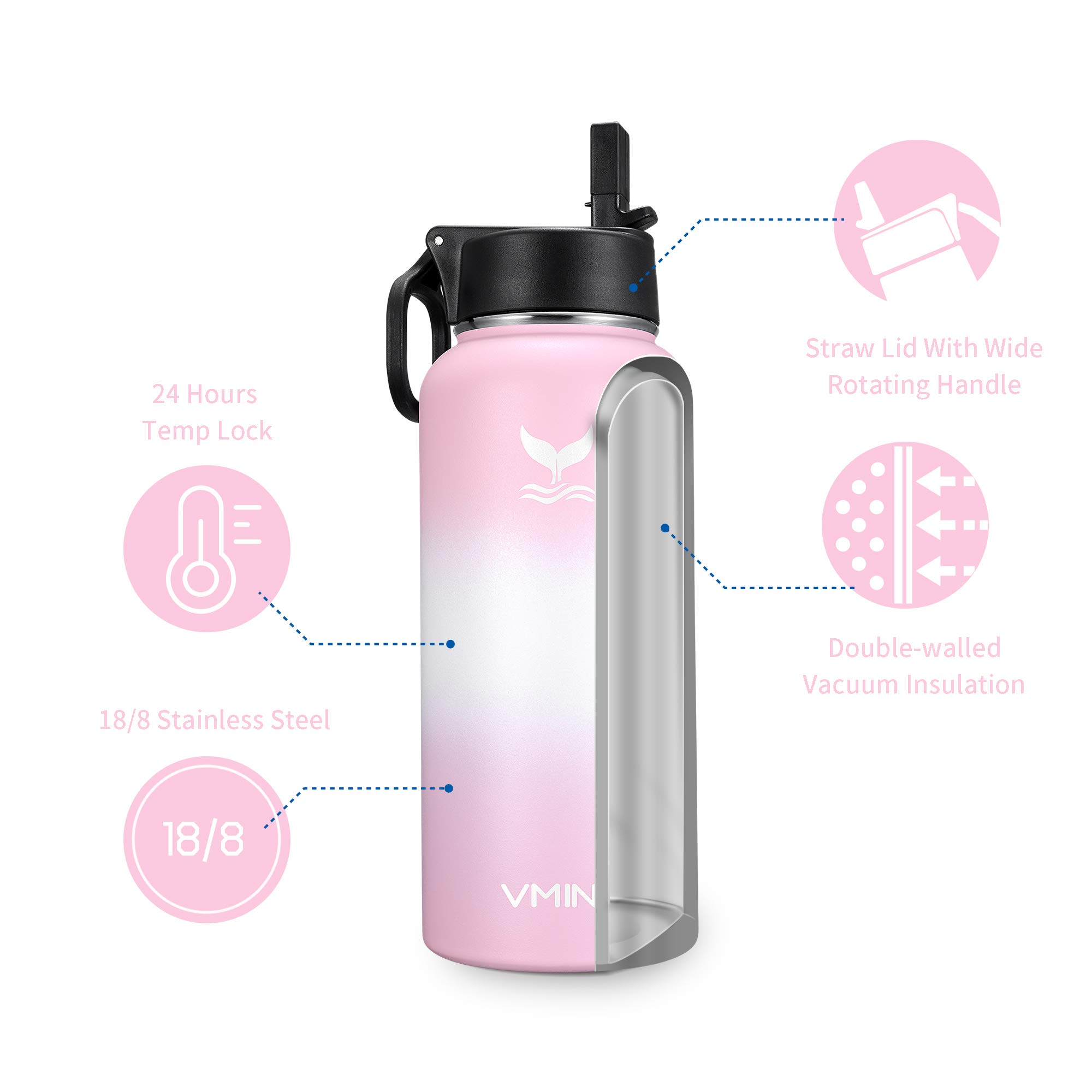 Vmini Water Bottle with New Wide Handle Straw Lid, Wide Mouth Vacuum Insulated 18/8 Stainless Steel, 4 Straws and 2 Brushes, 32 oz, Gradient Pink + White + Pink