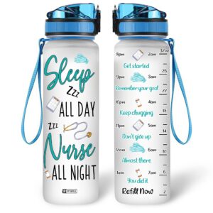 hyturtle sleep all day nurse all night stethoscope 32oz liter motivational water bottle, tracking water with time marker, appreciation gifts for women nurse coworkers on birthday nurse's day