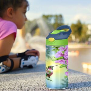 Blueangle Kids Insulated Water Bottle with Straw Lid - 12oz Double Wall Vacuum Travel Tumbler Stainless Steel Reusable Hummingbird on Pink Flowers Kids Cup for School Boy Girl（127）