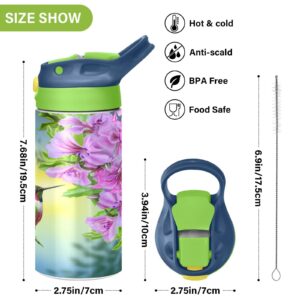 Blueangle Kids Insulated Water Bottle with Straw Lid - 12oz Double Wall Vacuum Travel Tumbler Stainless Steel Reusable Hummingbird on Pink Flowers Kids Cup for School Boy Girl（127）