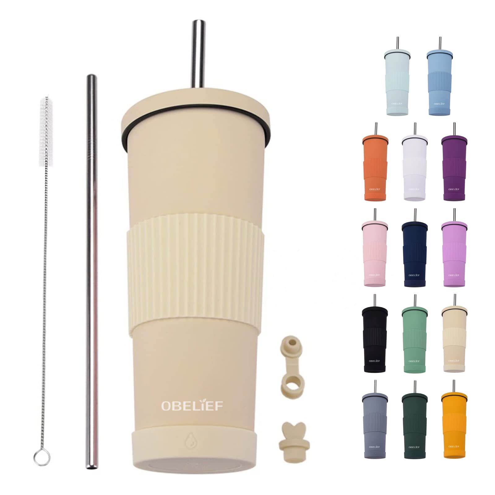 OBELIEF 30oz Insulated Tumbler With Lid and Straw, Silicone Sleeve Coasters And Straw Tips, Insulated Coffee Mug, Thermos Coffee, Gift For Women Mom Girlfriend (Cream)