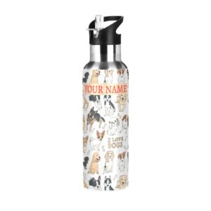alaza custom dog puppy print water bottle with name for kids girls with straw personalized insulated stainless steel water flask thermos for school sport 20 ounce