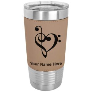 lasergram 20oz vacuum insulated tumbler mug, music heart, personalized engraving included (faux leather, light brown)