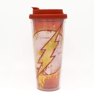 silver buffalo flash splatter paint logo double walled plastic travel mug, 24-ounce, red and gold
