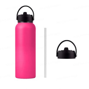 hkm brothers insulated stainless steel water bottle - straw-spout-handle lids, vacuum wide mouth reusable metal water bottles - pink