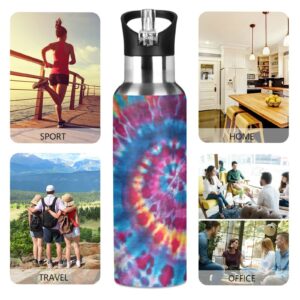 Bright Colorful Tie Leak Free Insulated Bottles with Handle 32 oz Vaccuum Bottle with Straw Lid Thermal Bottle for Hiking Biking BAP-Free