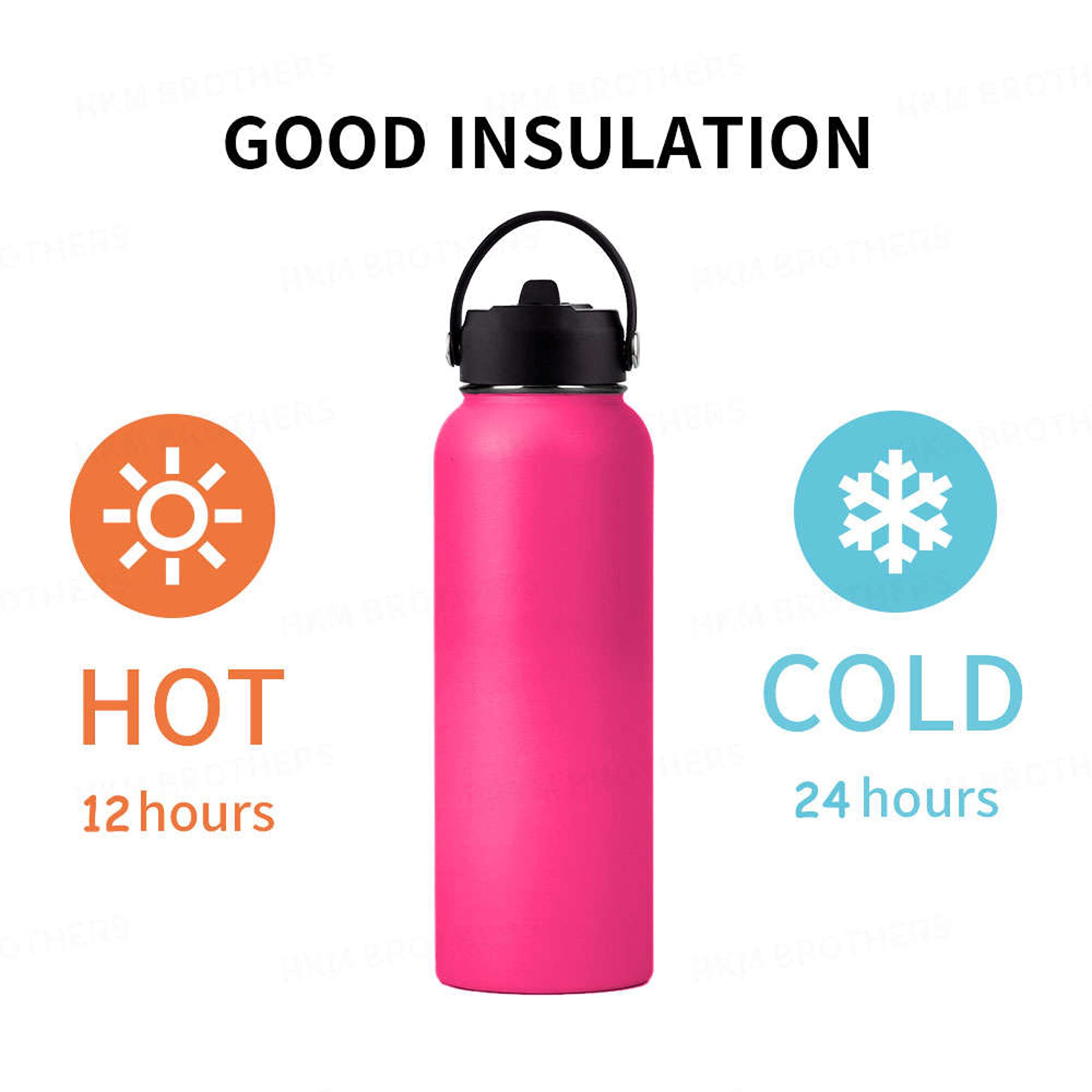 HKM Brothers Insulated Stainless Steel Water Bottle - Straw-Spout-Handle Lids, Vacuum Wide Mouth Reusable Metal Water Bottles - Pink
