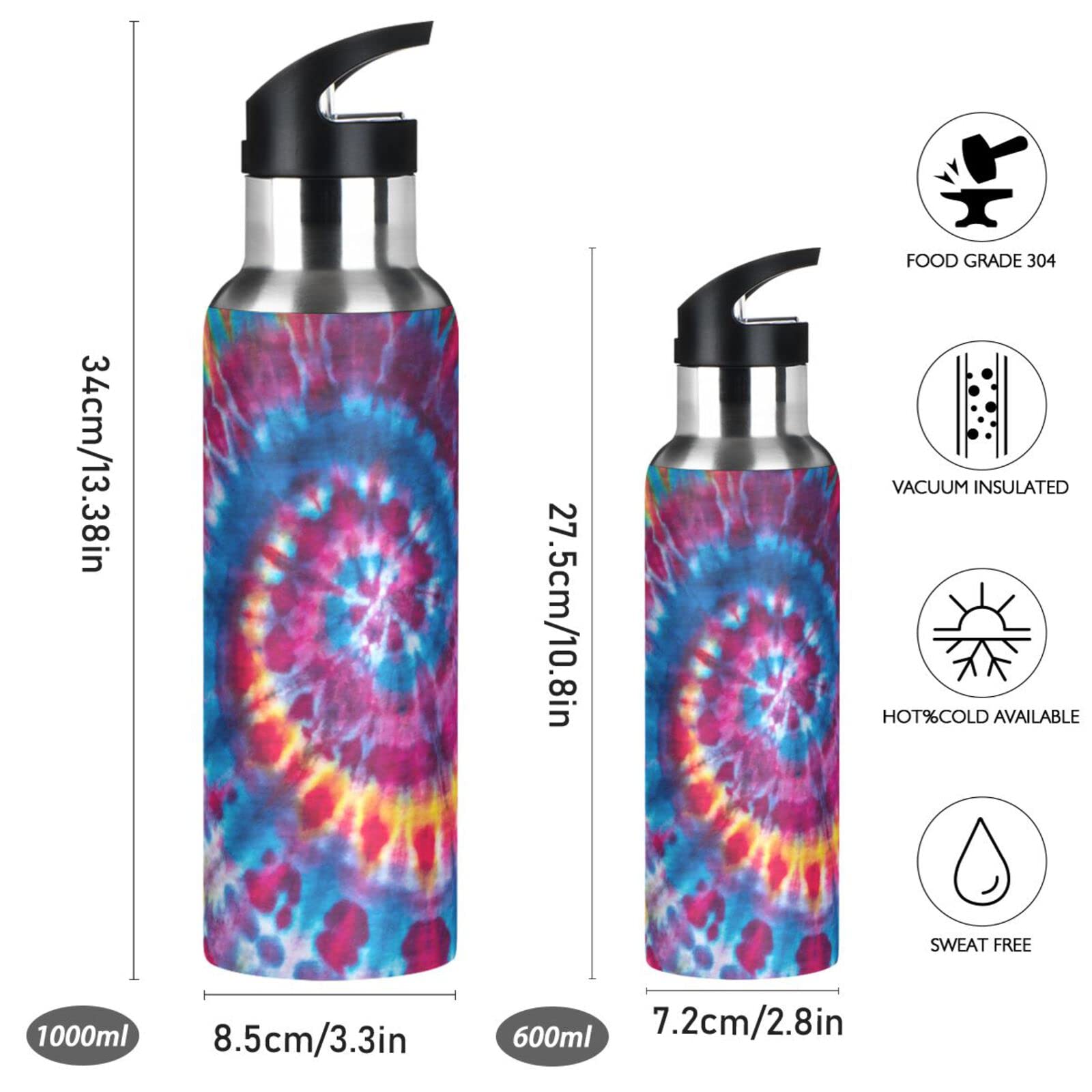 Bright Colorful Tie Leak Free Insulated Bottles with Handle 32 oz Vaccuum Bottle with Straw Lid Thermal Bottle for Hiking Biking BAP-Free