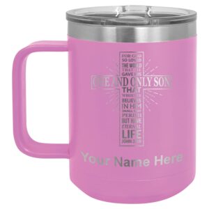 lasergram 15oz vacuum insulated coffee mug, bible verse john 3:16, personalized engraving included (light purple)