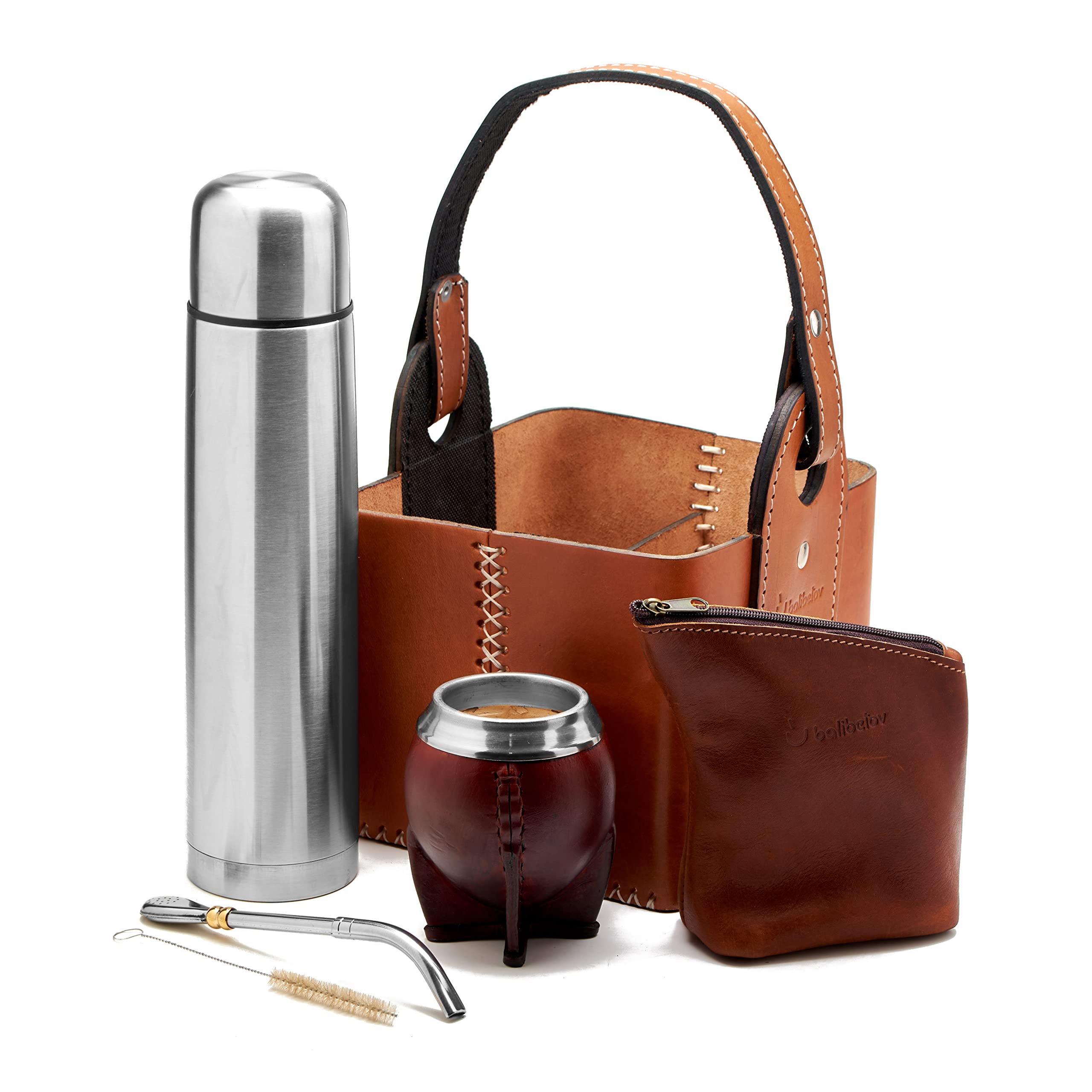 BALIBETOV Complete Yerba Mate Kit - Handmade Matera Bag, Mate Gourd, Thermos, Yerba Container, Bombilla and Cleaning Brush Included - Premium Argentine Mate Set